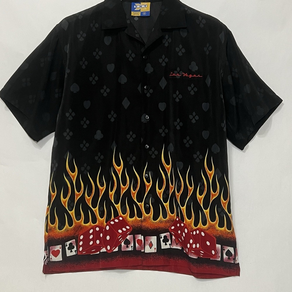 Las Vegas Short Sleeve Button Flames Dice Cards Graphics Shirt Black‎ Men Medium